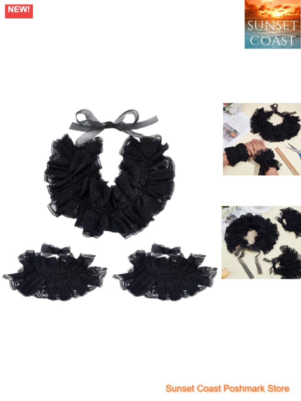 Lace Ruffle Collar & Cuff Set with Fingerless Gloves Cosplay Costume Accessories